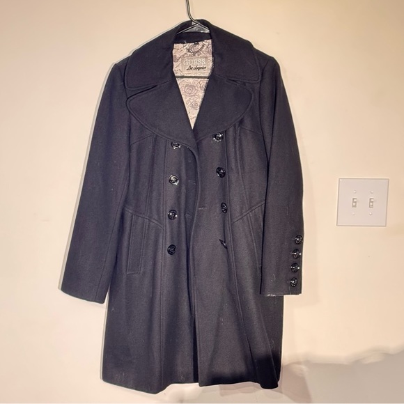 Vintage Guess Los Angeles Wool Blend Pea coat Black Long Double Breasted M Black - Picture 5 of 6